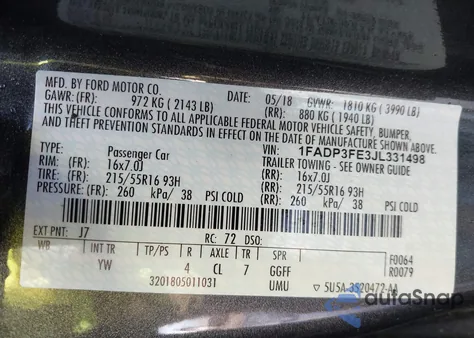 2018 Ford Focus Se from USA, damaged, VIN 1FADP3FE3JL331498